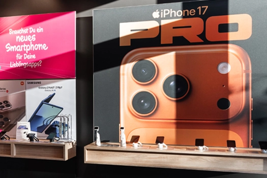 Werbedisplay im Elektronikmarkt für iPhone 17 Pro Smartphone mit Kamera-Detail