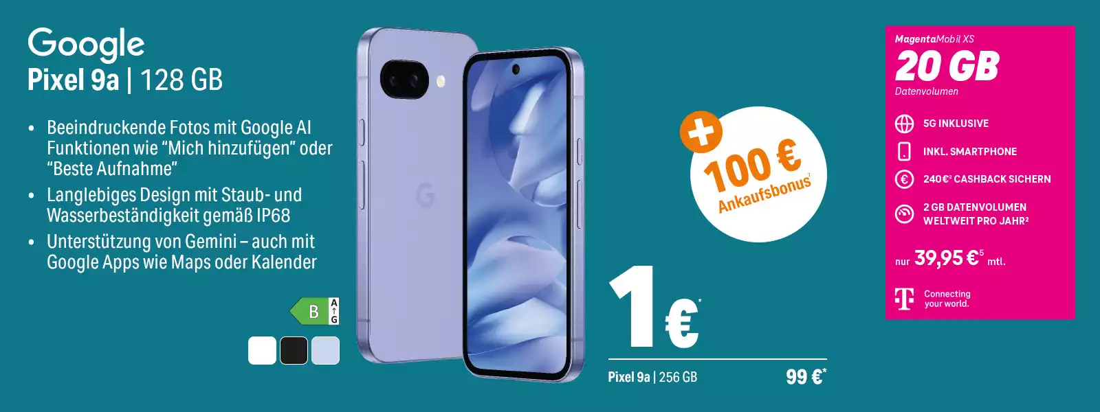 Google Pixel 9a Smartphone mit 128 GB, 5G Tarif, 20 GB Datenvolumen, Cashback und Bonus.