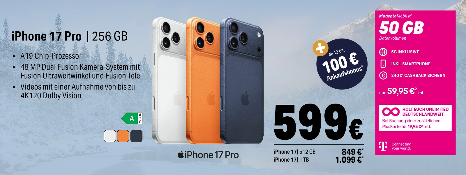 Das Bild zeigt ein iPhone 17 Pro Angebot mit 256 GB, 50 GB 5G-Tarif und Cashback-Aktion.