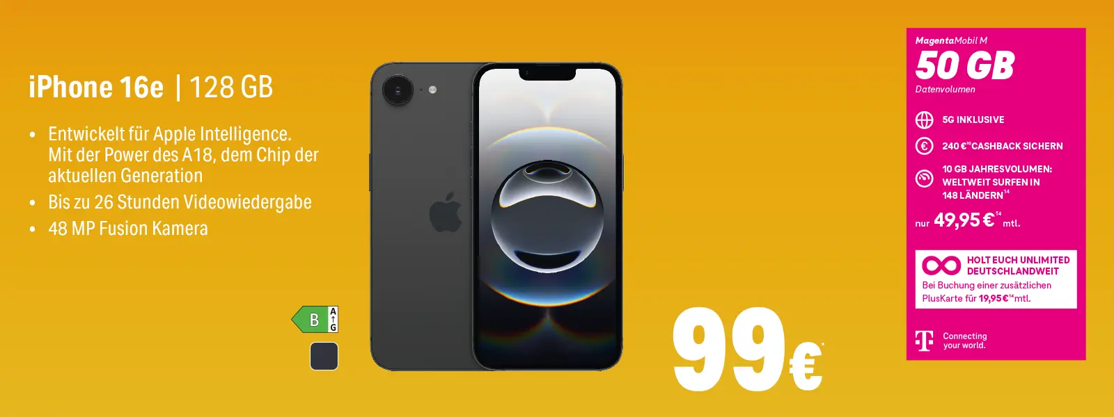 Werbebanner: iPhone 16e 128 GB mit MagentaMobil M 50 GB Tarif und 5G