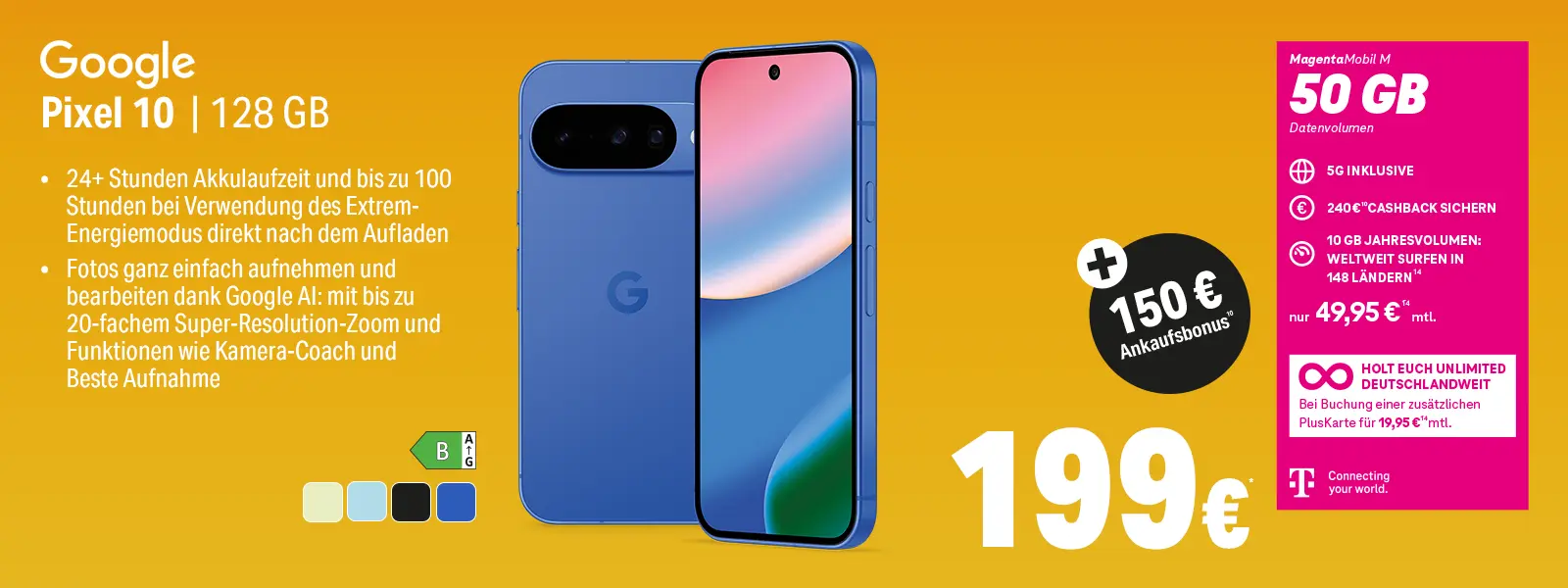 Werbebanner: Google Pixel 10 128 GB Smartphone mit MagentaMobil M 50 GB Tarif
