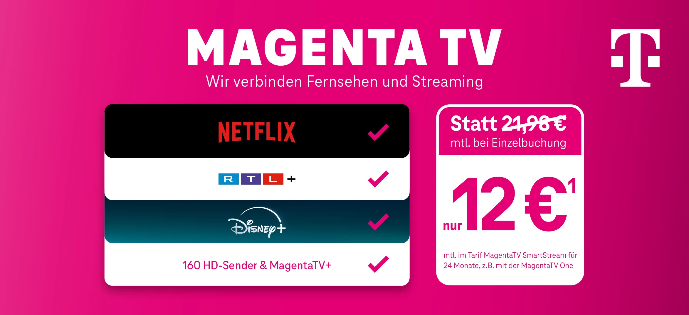 MagentaTV Werbung mit Netflix, RTL+ und Disney+ Logo auf pinkem Hintergrund, Preisangebot sichtbar.