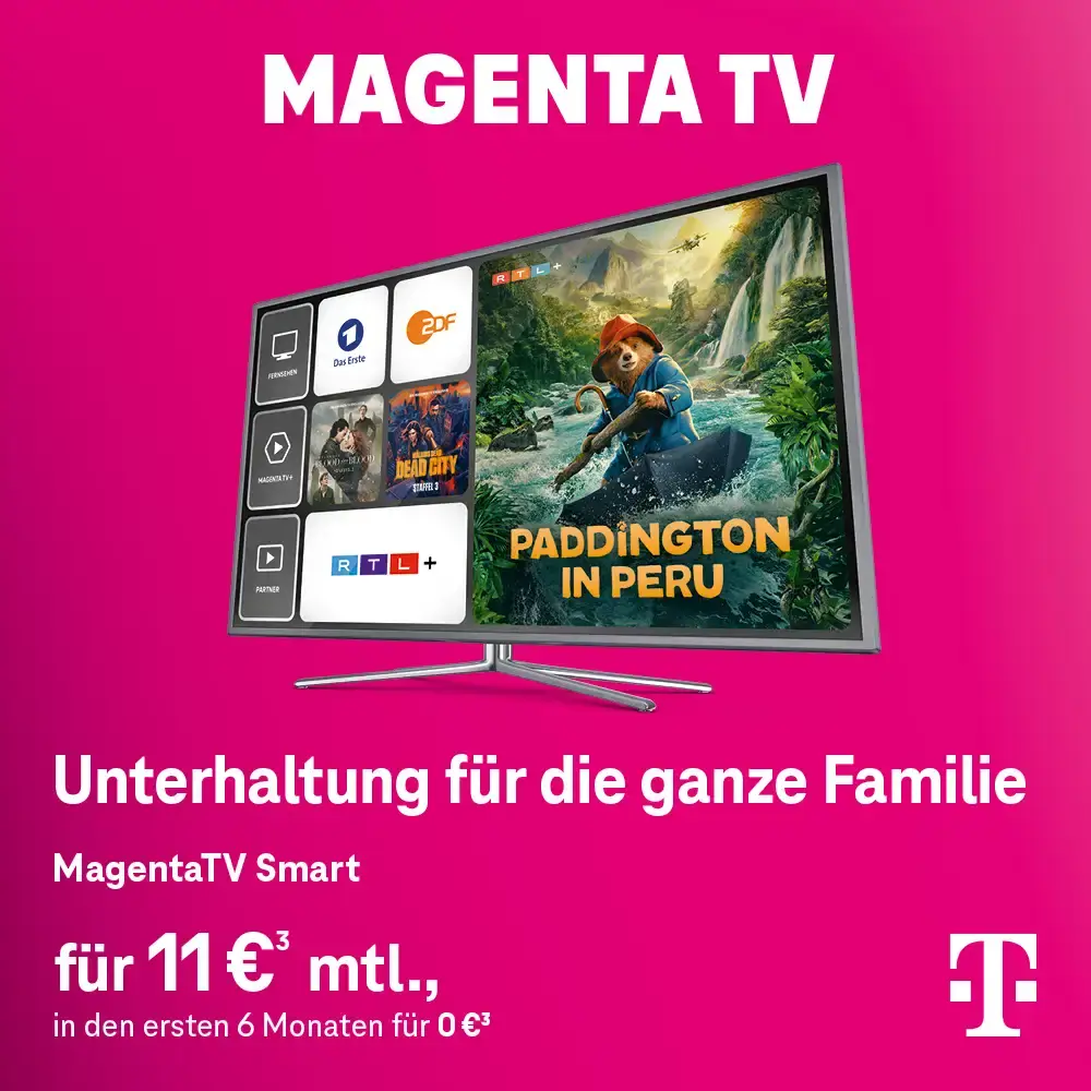 MagentaTV Smart auf Fernseher mit Streaming-Apps und Filmcover Paddington